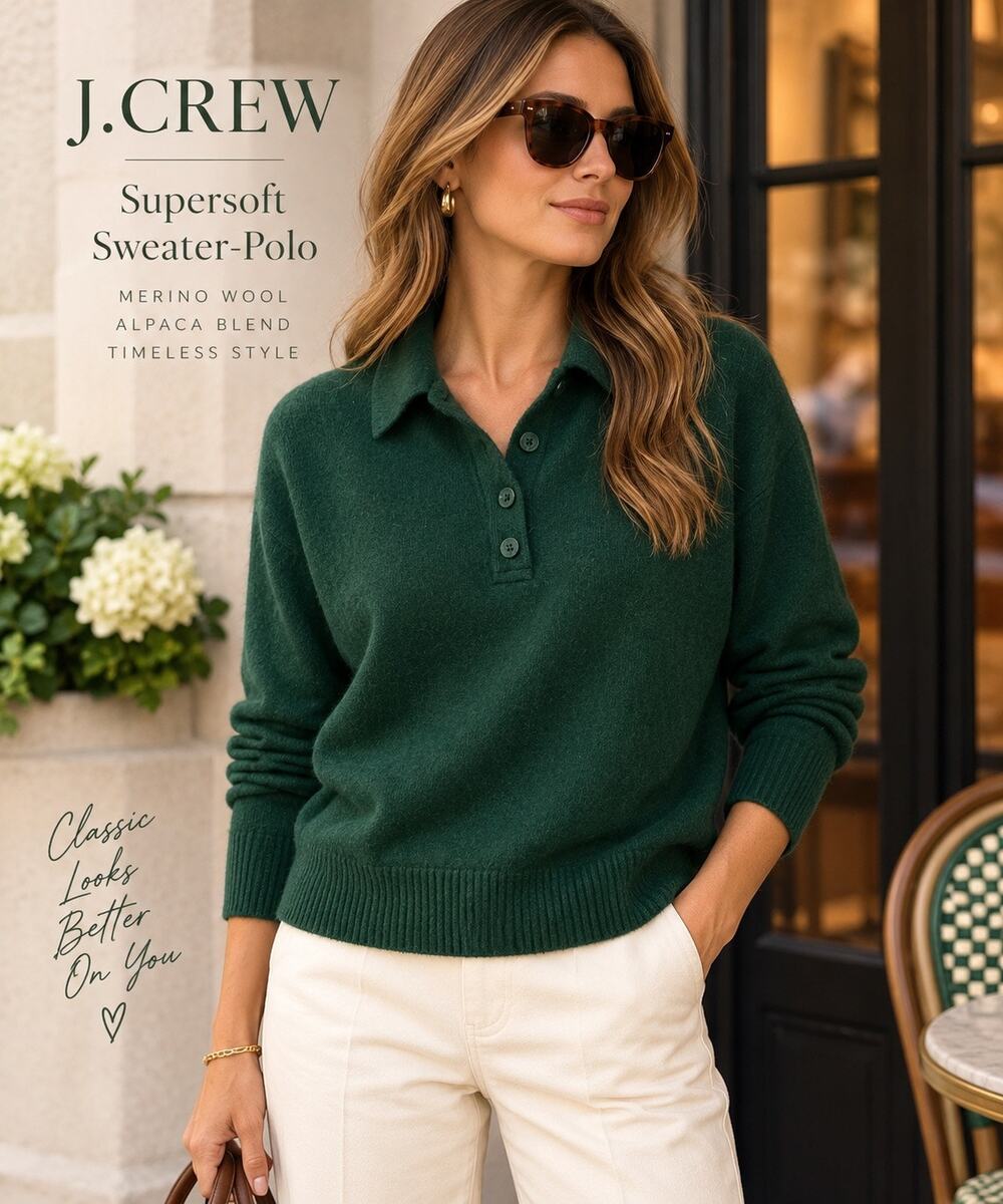 Preppy Heritage Dark Academia Polo Sweater J.Crew Supersoft Merino Alpaca Green